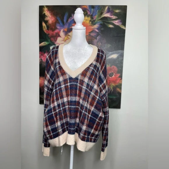 Banana Republic Red Plaid Alpaca Wool Fuzzy V neck Oversized Sweater Sz M Preppy - Picture 1 of 8
